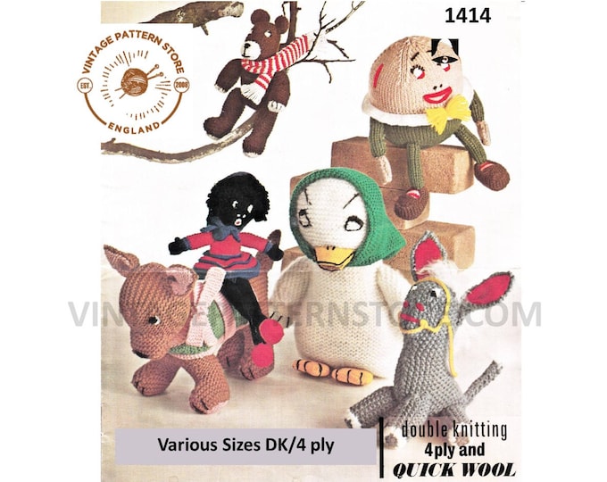 70s vintage DK & 4 ply cuddly toy duck donkey doll dog puppy humpty dumpty and teddy bear pdf knitting pattern Instant PDF download 1414