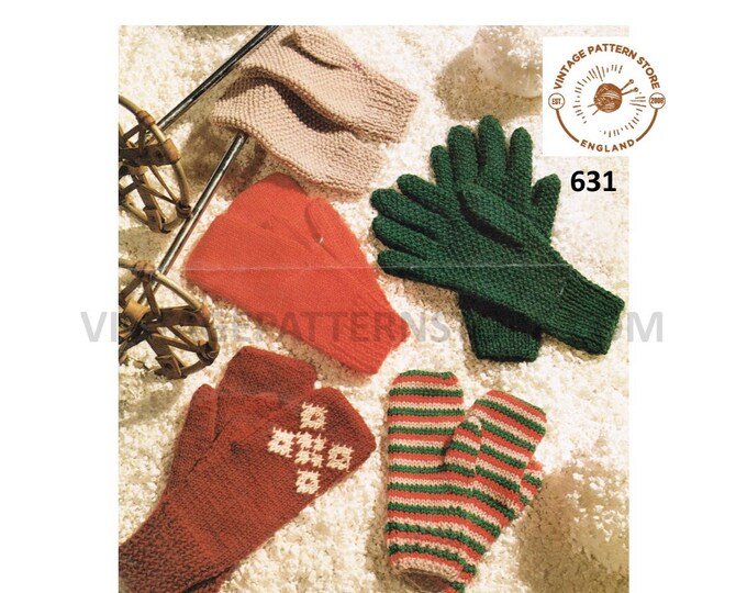 Ladies Womens Mens Boys Girls 70s family easy to knit DK gloves and mittens pdf knitting pattern 6" to 9" palm size Instant PDF download 631