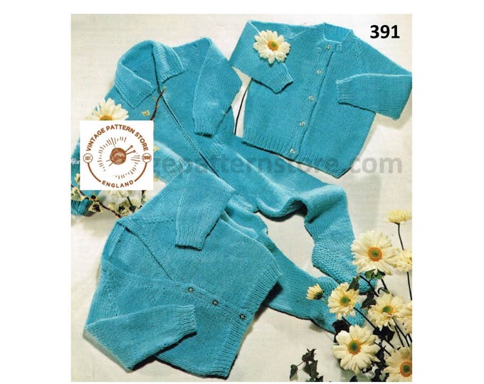 Babies 70s easy to knit DK round or V neck raglan cardigan & zip up all in one romper play suit pdf knitting pattern 16" to 20" Download 391