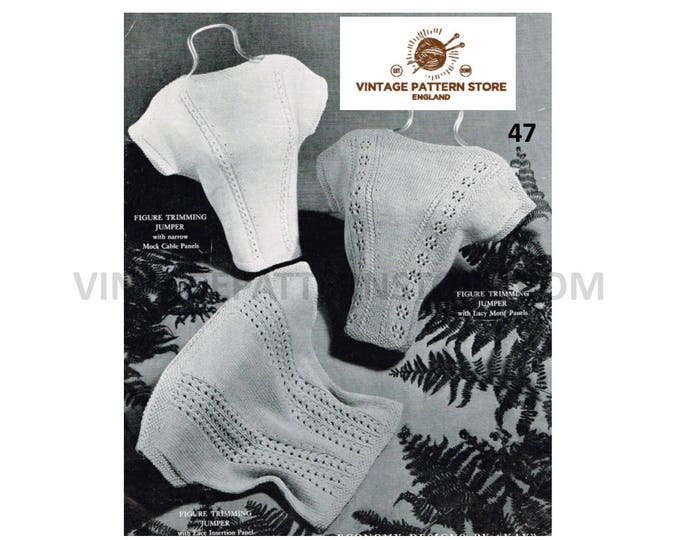 Ladies Womens 50s vintage DK slash neck eyelet lace panel slipover sweater vest Summer top pdf knitting pattern 34" to 38" PDF Download 47