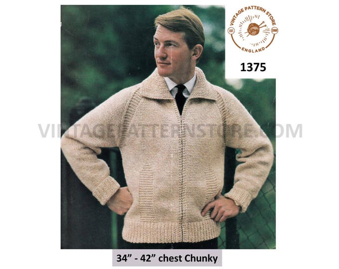 Mens Mans 60s vintage chunky knit collared zipped zip up raglan windcheater jacket pdf knitting pattern 34" to 42" chest PDF download 1375