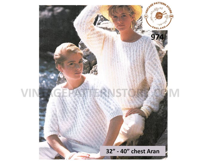Ladies Womens 90s round neck diagonal rib ribbed long short sleeve dolman aran sweater jumper pdf knitting pattern 32" to 40" Download 974