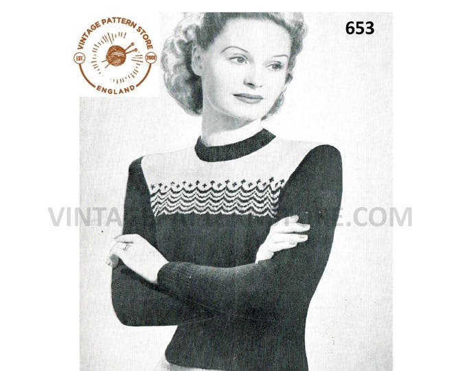 Ladies Womens 40s vintage 3 ply round neck fair isle yoke yoked raglan sweater jumper pdf knitting pattern 34" to 36" chest PDF download 653