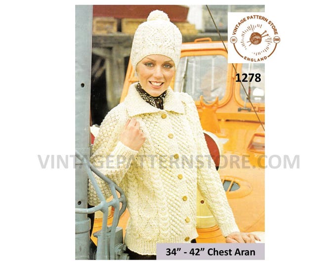 Ladies Womens 70s vintage collared cable cabled raglan aran cardigan jacket bobble & toque hat pdf knitting pattern 34" to 42" Download 1278