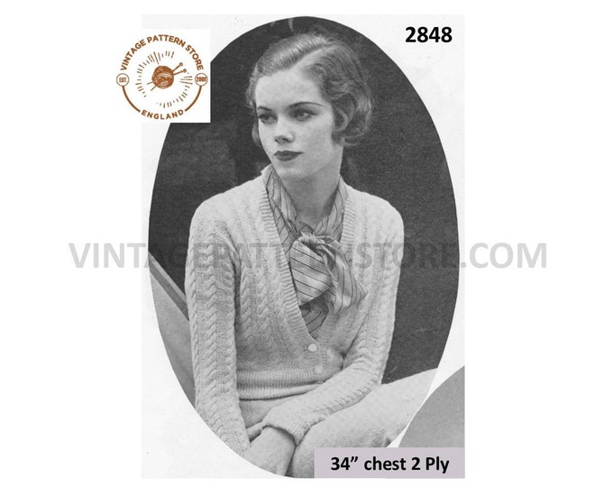Ladies Womens 30s vintage 2 ply V neck twist cable cabled raglan cardigan pdf knitting pattern 34" chest Instant PDF download 2848