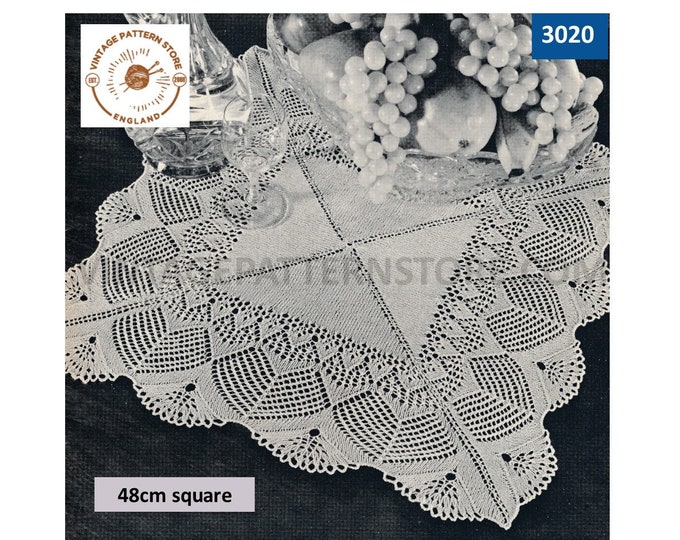60s vintage scallop lace square lacy doily doilies table mat pdf knitting pattern Instant PDF Download 3020