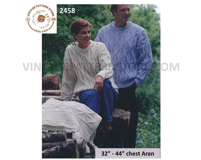 Ladies Womens Mens Mans 90s round neck drop shoulder cable cabled dolman aran sweater & wrap pdf knitting pattern 32" to 44" Download 2458