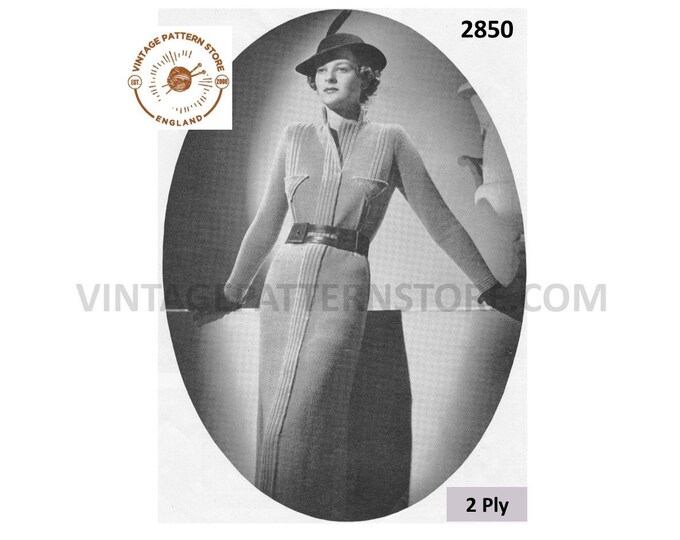 Ladies Womens 30s vintage 2 ply round neck collared long line rib panel ribbed raglan dress pdf knitting pattern 32" to 34" Download 2850