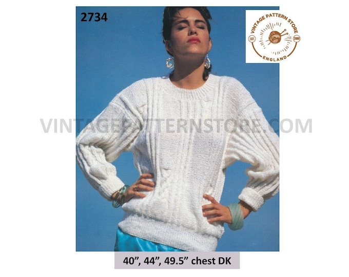 Ladies Womens 90s DK round neck cabled cable and rib drop shoulder dolman sweater jumper pdf knitting pattern 40" 44" & 49.5" Download 2734