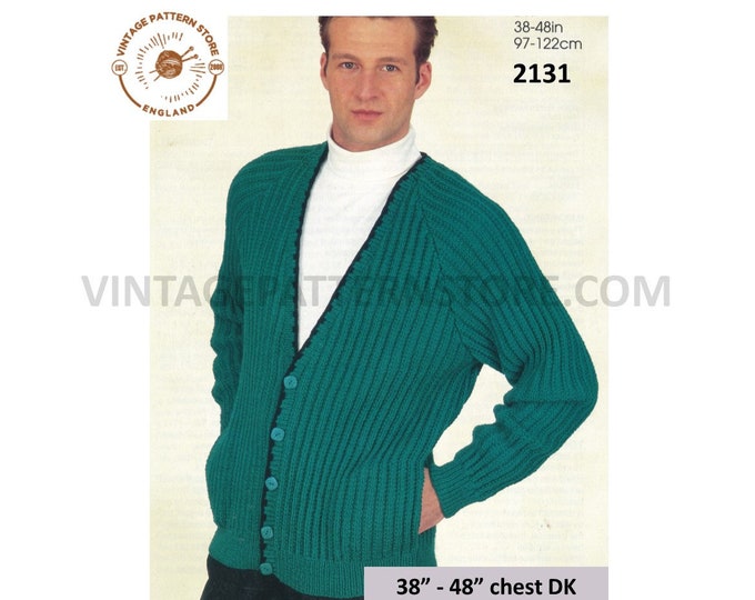 Mens Mans 90s vintage easy to knit V neck rib ribbed DK dolman cardigan pdf knitting pattern 38" to 48" chest Instant PDF Download 2131