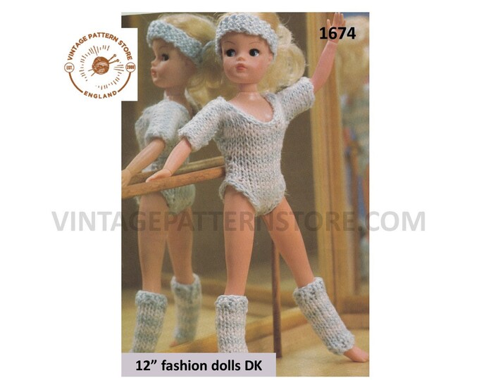 80s Vintage 12" Barbie Sindy fashion doll clothes DK dance set leotard leggings & headband pdf knitting pattern Instant PDF download 1674