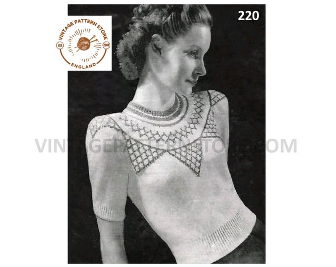 Womens 40s vintage 3 ply round neck fair isle yoked box shoulder short sleeve raglan sweater pdf knitting pattern 35" bust Download 220