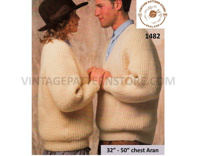 Ladies Womens Mens easy to knit V or crew neck oversized plus size extra large aran sweater pdf knitting pattern 32" to 50" Download 1482