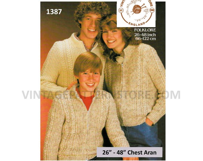 Ladies Womens Mens Boys Girls 70s family crew neck cabled cable & texture zipped aran jacket pdf knitting pattern 26" to 48" Download 1387