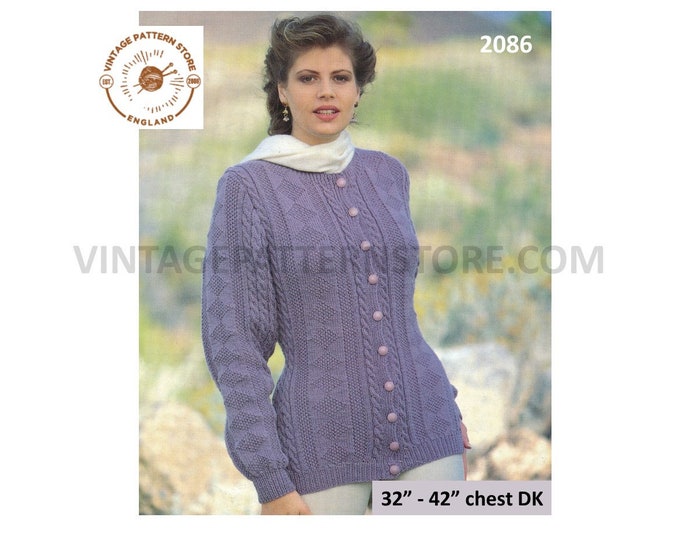 Ladies Womens 90s DK round neck cable cabled long line dolman cardigan jacket pdf knitting pattern 32" to 42" chest Instant download 2086