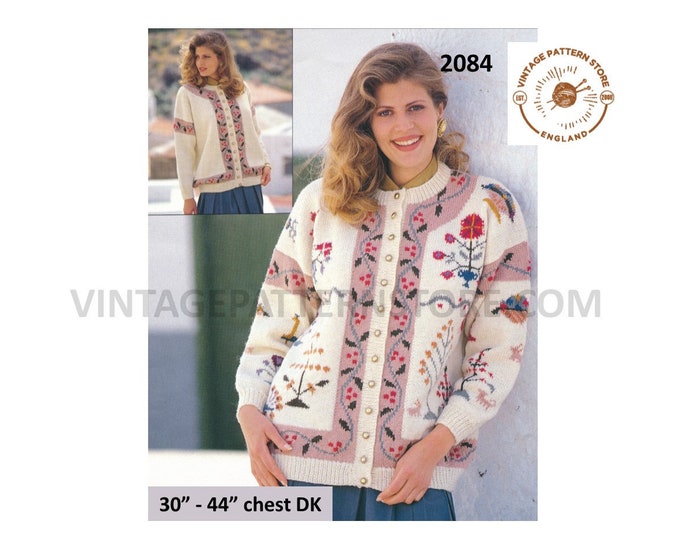 Ladies Womens 90s floral intarsia round neck DK drop shoulder dolman cardigan jacket pdf knitting pattern 30" to 44" chest PDF download 2084