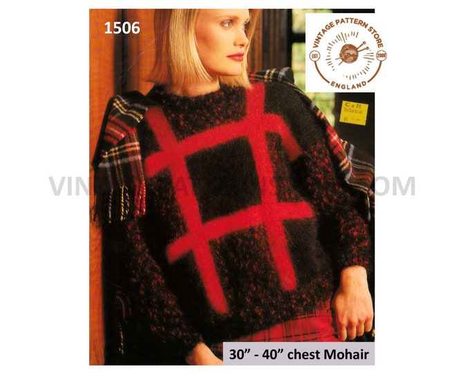 Ladies Womens 90s crew neck bold check patterned drop shoulder dolman mohair sweater jumper pdf knitting pattern 30" to 40" Download 1506