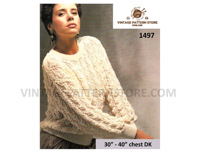 Ladies Womens 90s DK round neck drop shoulder lacy lace dolman sweater jumper pullover pdf knitting pattern 30" to 44" chest Download 1497