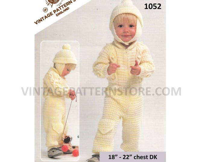 Baby Babies Toddlers 80s vintage DK cabled cable & texture romper play suit hat pdf knitting pattern 18" to 22" chest Instant download 1052