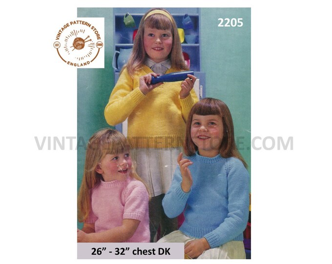 Girls 70s vintage easy to knit DK round or V neck long or short sleeve sweater jumper pdf knitting pattern 26" to 32" chest Download 2205