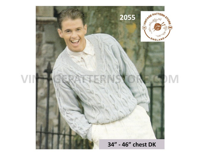 Mens Mans 90s vintage V neck cable cabled casual dolman DK sweater jumper pullover pdf knitting pattern 36" to 46" chest PDF Download 2055