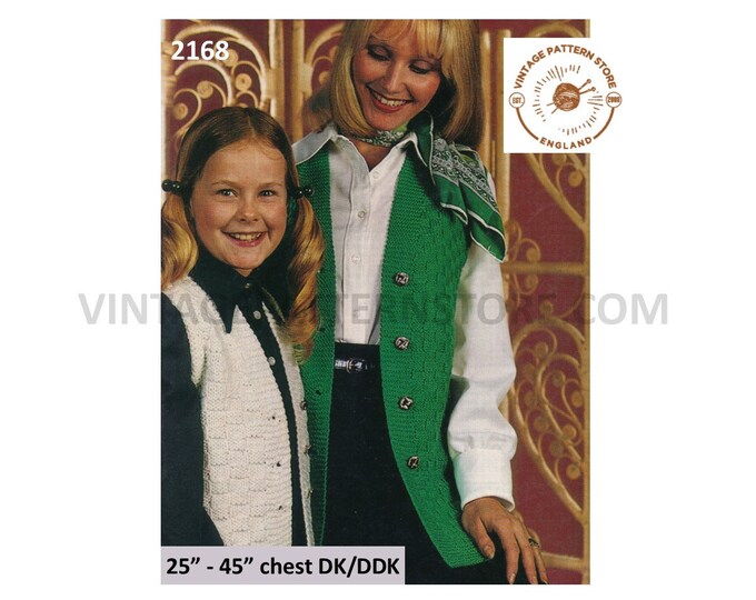 Ladies Girls 60s vintage DK or DDK V neck long line enterlac waistcoat pdf knitting pattern 25" to 45" chest Instant PDF download 2168