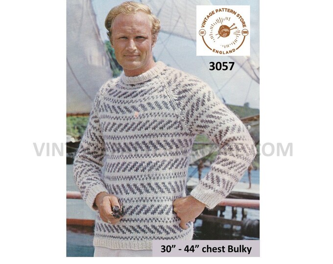 Mens Mans 80s vintage bulky knit crew neck fair isle banded raglan sweater jumper pullover pdf knitting pattern 30" to 44" Download 3057