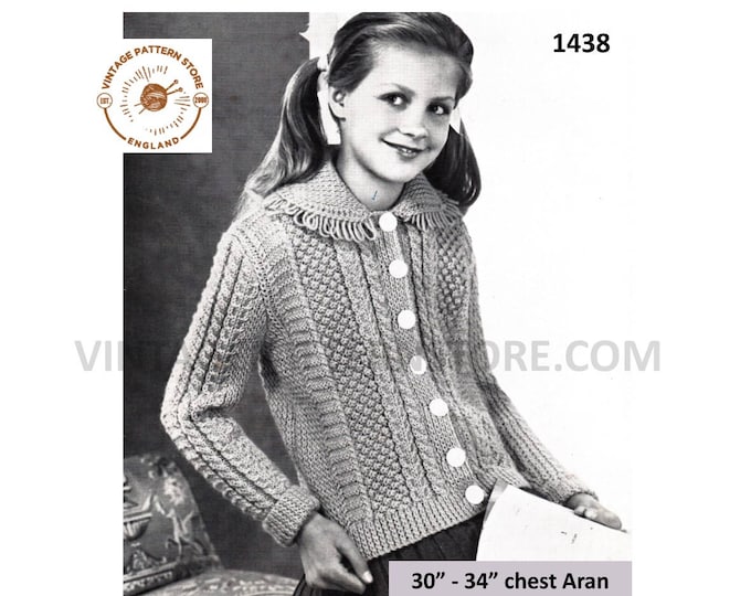 Girls 50s vintage fringed collar cabled cable & textured DK raglan cardigan jacket pdf knitting pattern 30" to 34" chest Download 1438