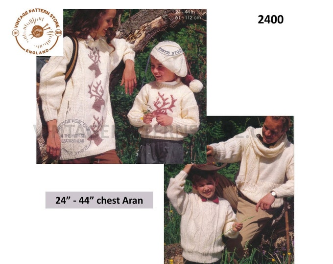 Ladies Womens Mens Boys Girls 90s family stag intarsia aran sweater jumper beret & scarf pdf knitting pattern 24" to 44" chest Download 2400