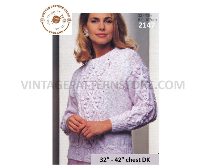 Womens Ladies 90s DK round neck drop shoulder cabled bobble cable dolman sweater jumper pdf pattern 32" to 42" chest PDF Download 2147