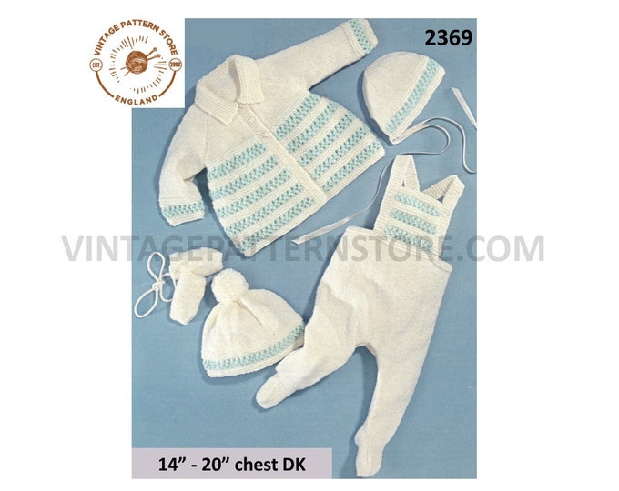 Premature Preemie Baby Babies DK pram set matinee coat jacket bonnet hat dungarees mittens pdf knitting pattern 14" to 20" PDF download 2369