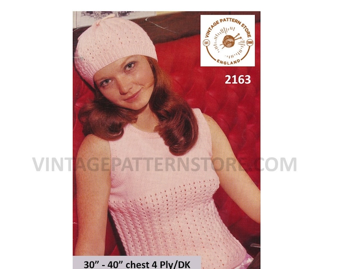 Ladies Womens Girls 60s vintage cable and lace DK 4 ply slipover sweater vest summer top & cap pdf knitting pattern 30" to 40" download 2163