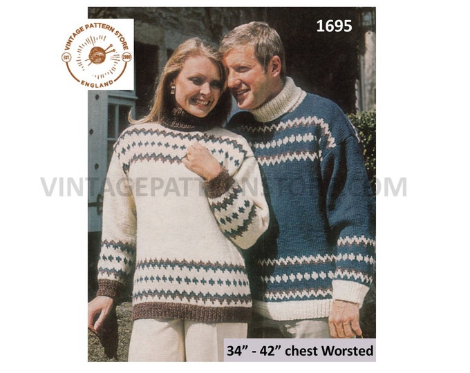 Ladies Mens 70s vintage fair isle banded polo neck turtleneck worsted raglan sweater jumper pdf knitting pattern 34" to 42" Download 1695