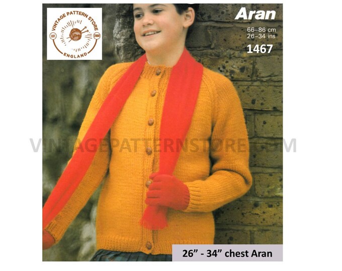 Girls Ladies Womens 80s vintage plain and simple easy to knit round neck raglan cardigan pdf knitting pattern 26" to 34" PDF Download 1467