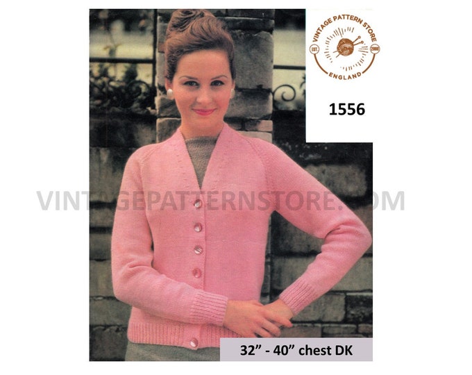 Ladies Womens 60s vintage DK quick simple easy to knit V neck raglan cardigan pdf knitting pattern 32" to 40" Instant PDF Download 1556