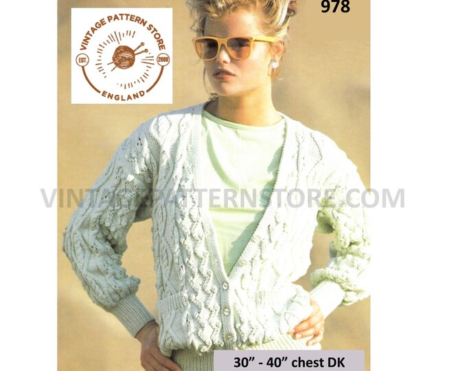 Ladies Womens 80s vintage deep V neck cable cabled raglan DK cardigan with pockets pdf knitting pattern 30" to 40" chest PDF download 978