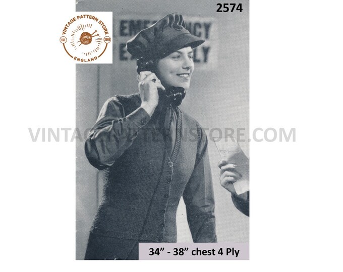 Ladies 40s cardigan knitting pattern, Ladies V neck 4 ply waistcoat raglan cardigan pattern - 34" - 38" chest - PDF Knitting Pattern 2574