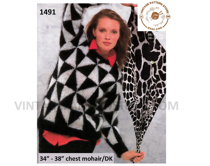 Ladies Womens 90s crew neck geometric colourwork drop shoulder dolman mohair sweater jumper pdf knitting pattern 34" to 38" Download 1491