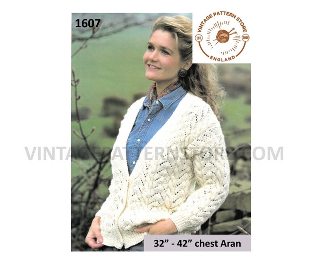 Ladies Womens 90s deep V neck cabled cable and lace raglan aran cardigan jacket pdf knitting pattern 32" to 42" chest PDF Download 1607