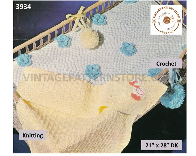 Baby Babies 70s vintage DK pram cot cover blanket and pom pom pdf knitting & crochet pattern 21" by 28" Instant PDF download 3931