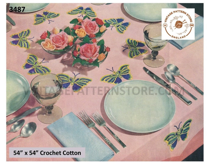 50s vintage butterflies butterfly motif table cloth pdf crochet pattern Instant PDF Download 3487
