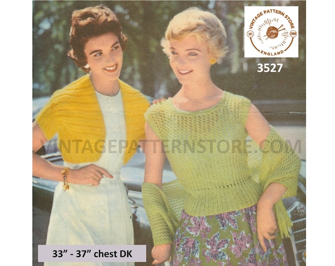Womens 50s short sleeve ribbed bolero lacy stole wrap shawl & square neck slipover summer top pdf knitting pattern 33" to 37" Download 3527
