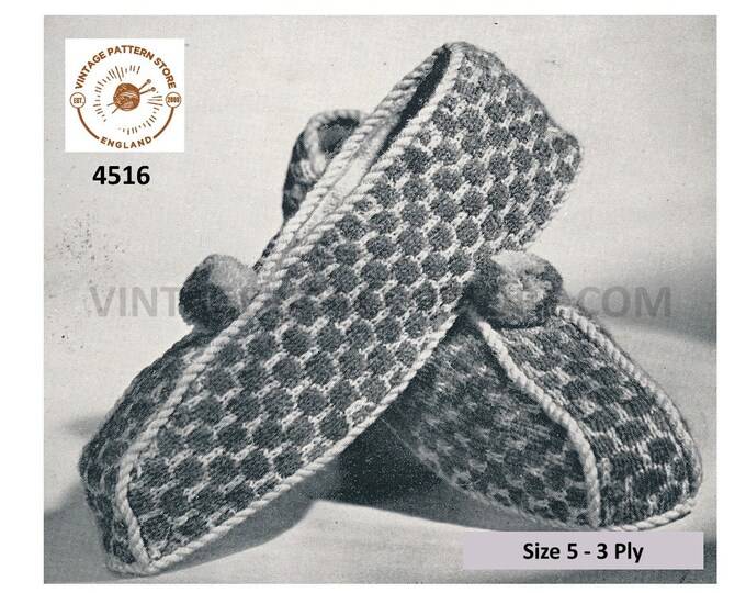 Ladies Womens 30s vintage 3 ply rope edge bobble top bedroom slippers pdf knitting pattern Size 5 Instant PDF Download 4516