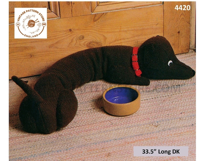 80s vintage DK easy to knit toy dachshund sausage dog draught excluder stopper pdf knitting pattern 33.5" Long Instant PDF Download 4420