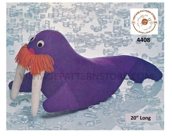 70s vintage cuddly toy animal walrus pdf sewing pattern 20" Long or Makes to desired size Instant PDF Download 4408