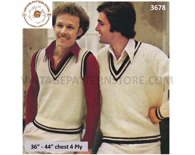 Mens 80s vintage V neck cable cabled DK raglan sweater jumper & 4 ply tank top sweater vest pdf knitting pattern 36" to 44" Download 3678