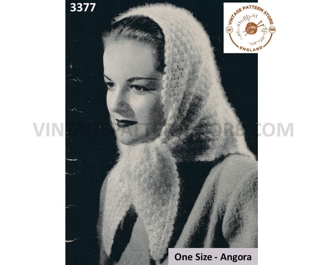 Ladies Womens 40s vintage picot edge angora fascinator head scarf pdf knitting pattern One Size Instant PDF Download 3377