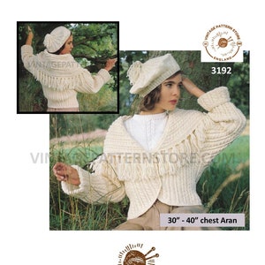 Ladies Womens 90s fringed shawl collar twist cable cabled dolman aran jacket pdf knitting pattern 30&quot; to 40&quot; chest Instant PDF download 3192
