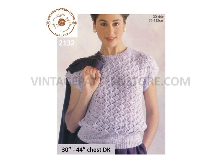 Ladies Womens 90s round neck cap sleeve DK slipover Summer top sweater vest pdf knitting pattern 30" to 44" chest Instant PDF download 2132