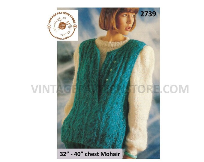 Ladies Womens 90s shirt neck sleeveless tunic and round neck mohair sweater jumper pdf knitting pattern 32" to 40" chest PDF download 2739